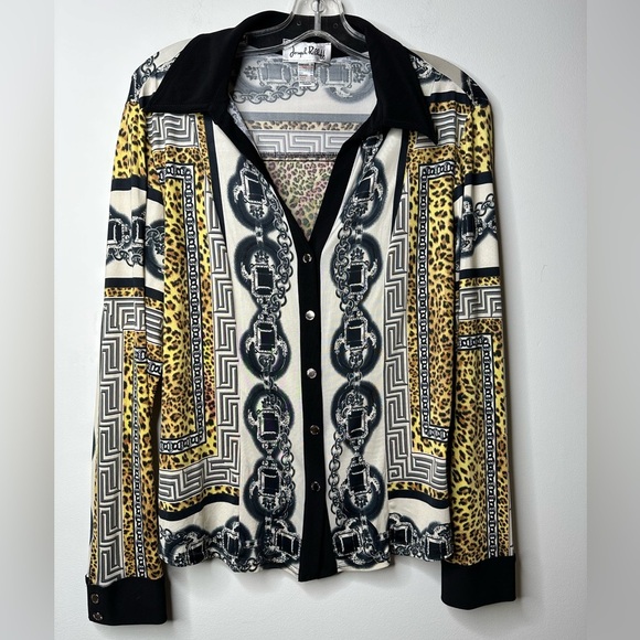 Joseph Ribkoff Button Blouse Leopard Chain Baroque Print Size 16 Made in Canada - Picture 3 of 8